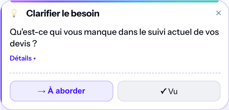 La carte de suggestion réelle de Souffl : Clarifier le besoin.